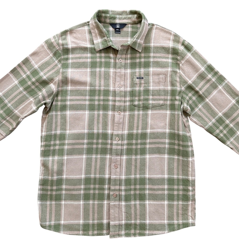 Volcom Flannel Shirt Men Large Green Tan Plaid Long Sleeve Button Down Excellent